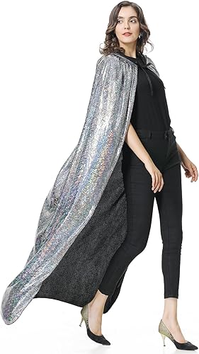 Miniatura 3 de GRAJTCIN Capa de lentejuelas para mujer, capa brillante con capucha, longitud completa, capa con purpurina, Mardi Gras, Halloween, Navidad, fiesta