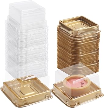 Square Mooncake Containers,Clear PET Lid Gold Base Plastic Mooncake Trays | 50 Pack Disposable Mini Cake Egg Yolk Puff Mochi Pastry Packaging Boxes for Bakery GiftL