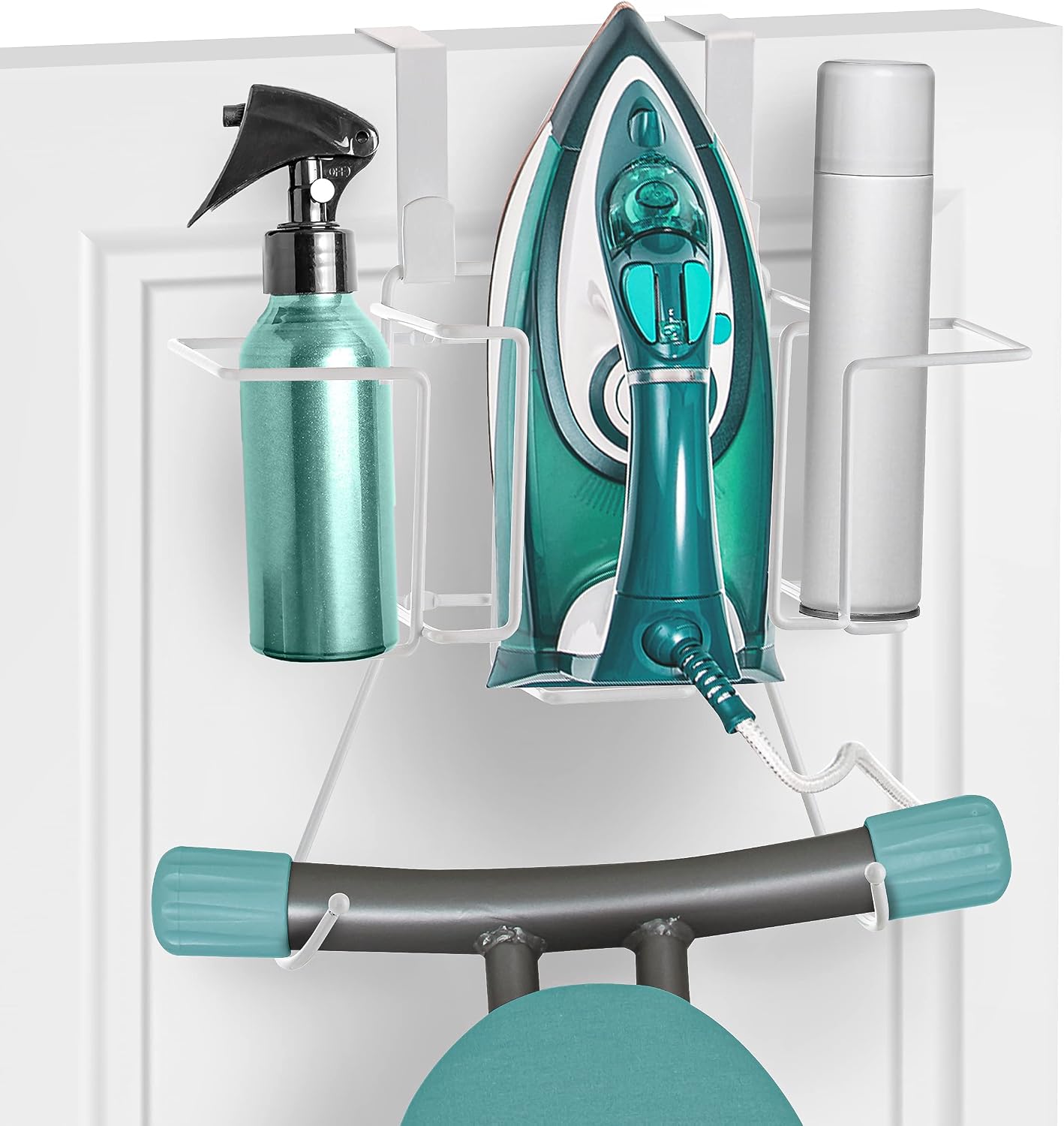 Home Intuition Over The Door Wall Mountable Iron Board Holder with Spray Bottle Storage, White, Large