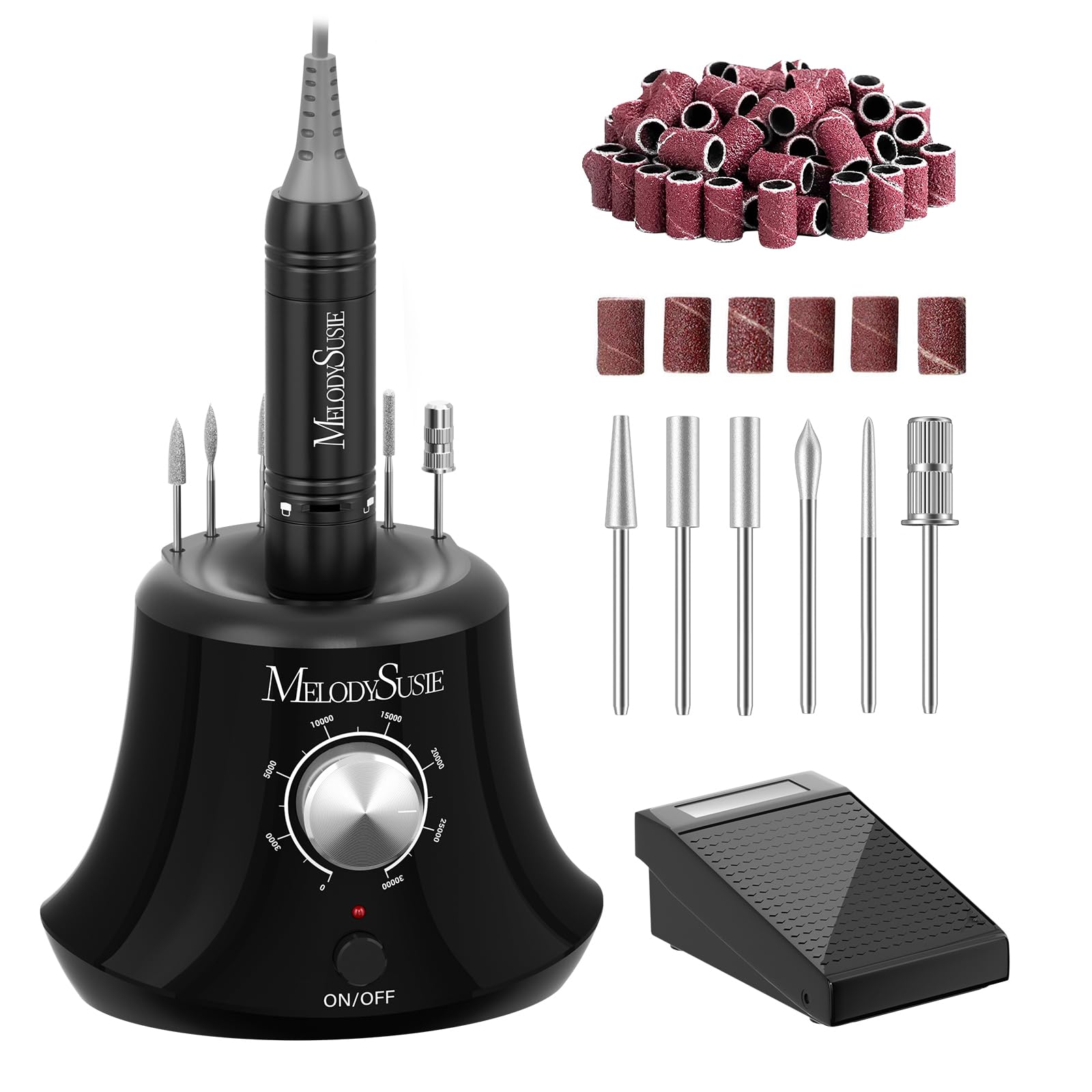 MelodySusie Electric Nail Drill with Foot Pedal, 30000RPM Professional Nail File Bits & Sanding Bands Kit for Acrylic & Gel Nails, Efile Nail Drill Set for Manicure Pedicure Polishing, Scarlet Black