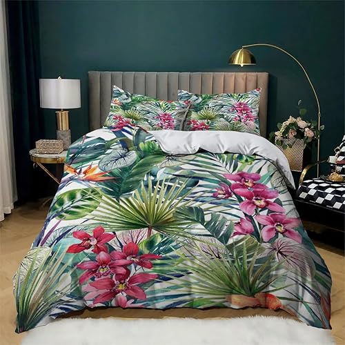 Monstera - Juego de funda de edredón tamaño King con estampado de plantas tropicales, funda de edredón de microfibra suave y 2 fundas de almohada de