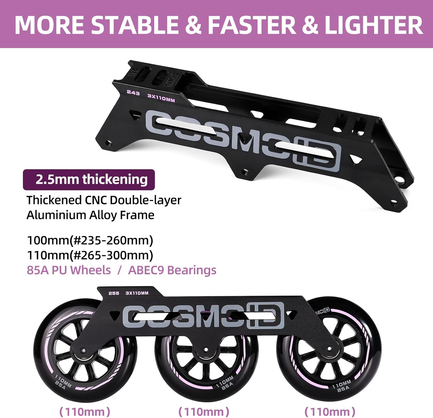 Adult Inline Skate - COSMOID High Performance Roller Skates Blades for Women & Men, 3 Wheels 110mm Metal Frame,Indoor Outdoor and Fitness Black,Size 5-14.5