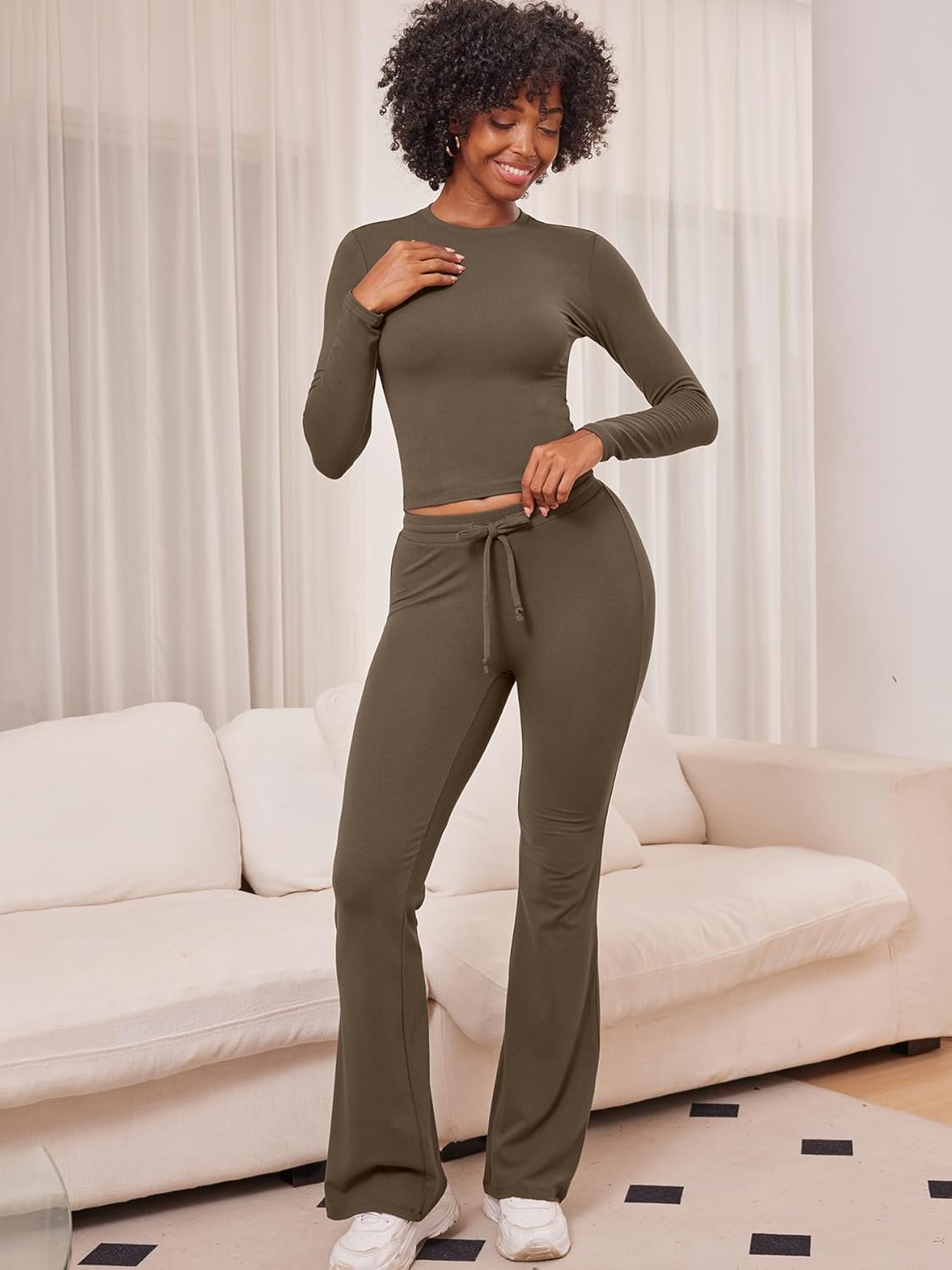 YEOREO Two Piece Sets for Women Long Sleeve Tops Lounge Set Drawstring Wide Leg Pants Ava Matching - Image 7