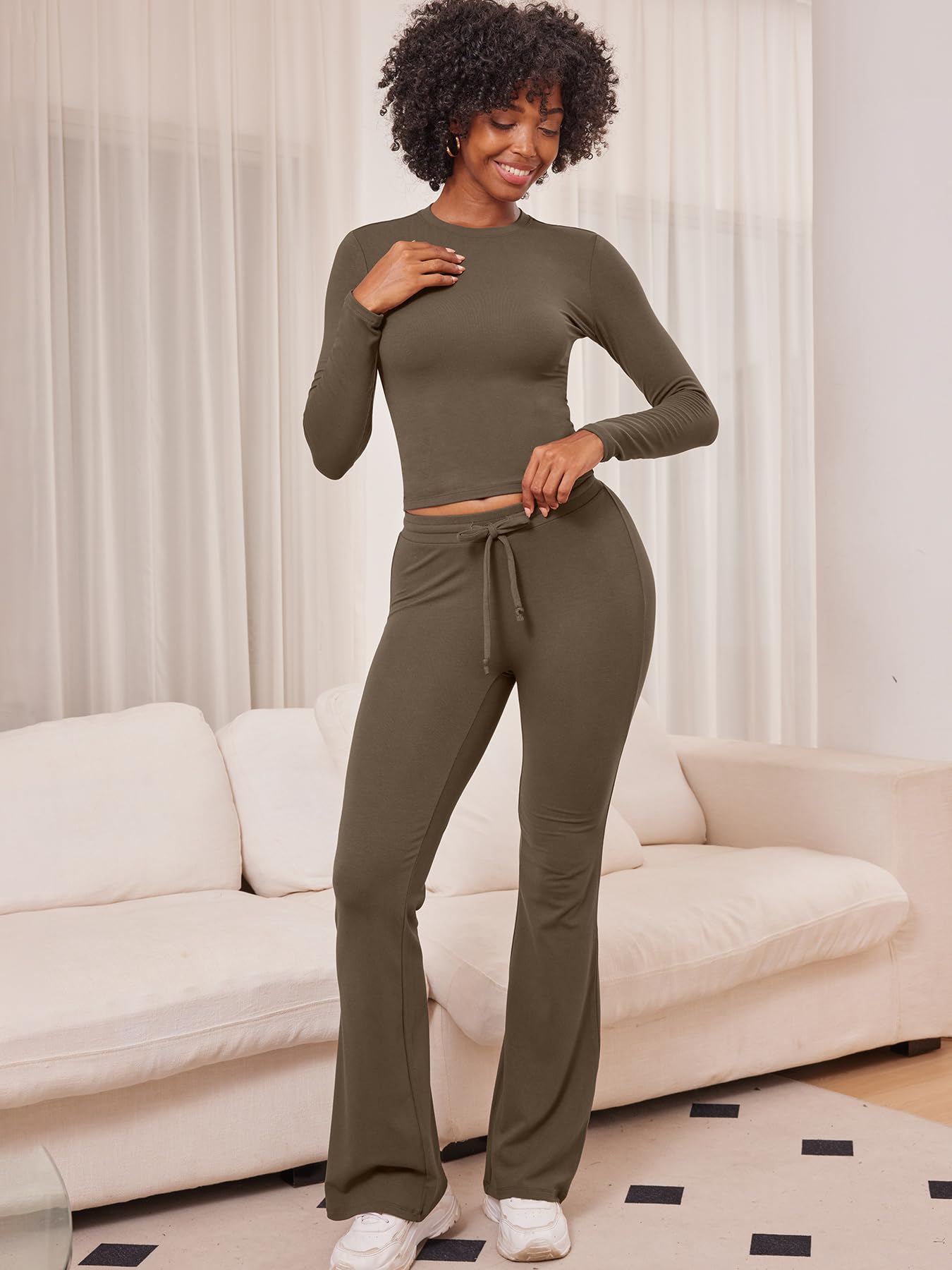 Two Piece Sets for Women Long Sleeve Tops Lounge Set Drawstring Wide Leg Pants Ava Matching