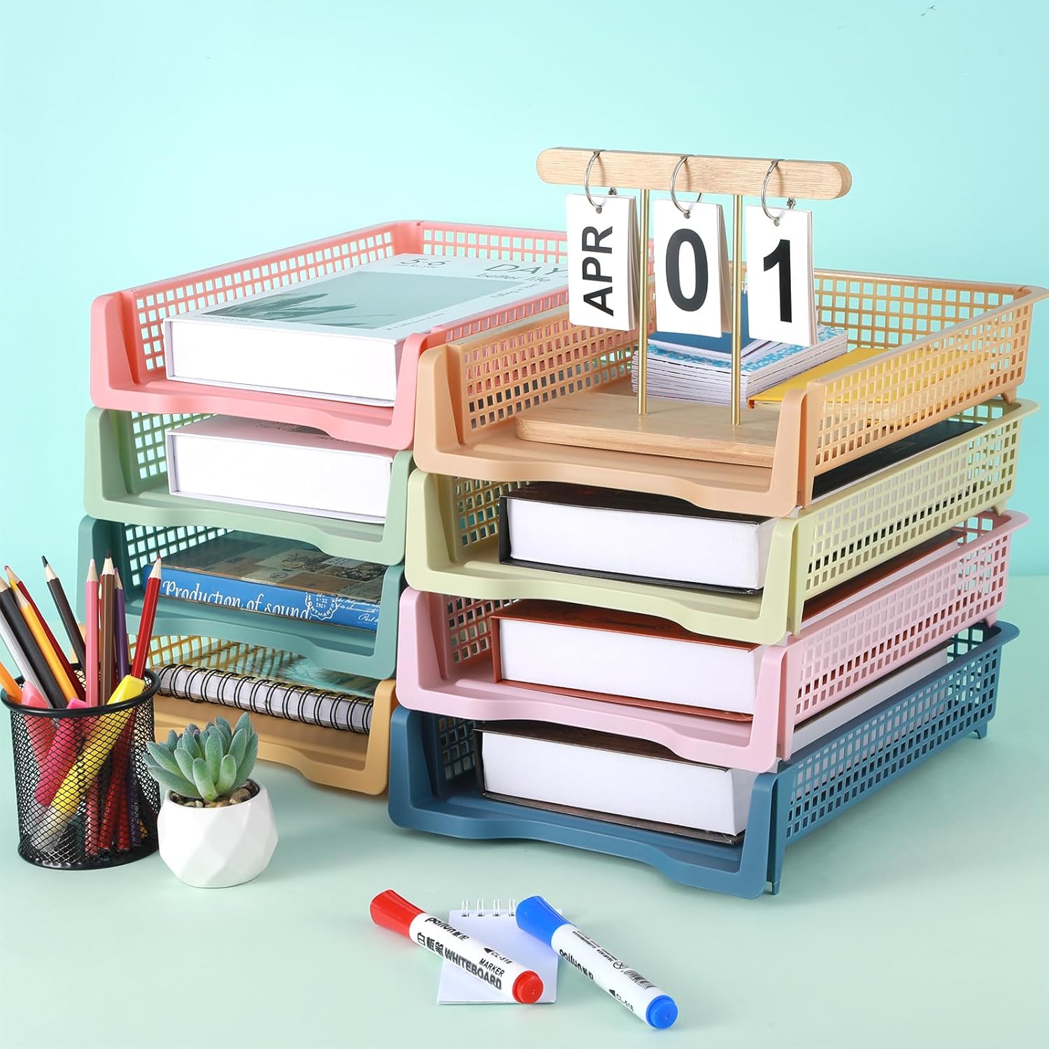 8 Pack Boho Plastic Turn in Paper Trays for Classroom Storage Bin Basket Organizers for School Teacher Supplies Classroom Office Home Organization Storage Tray Holds 4A Paper File Document