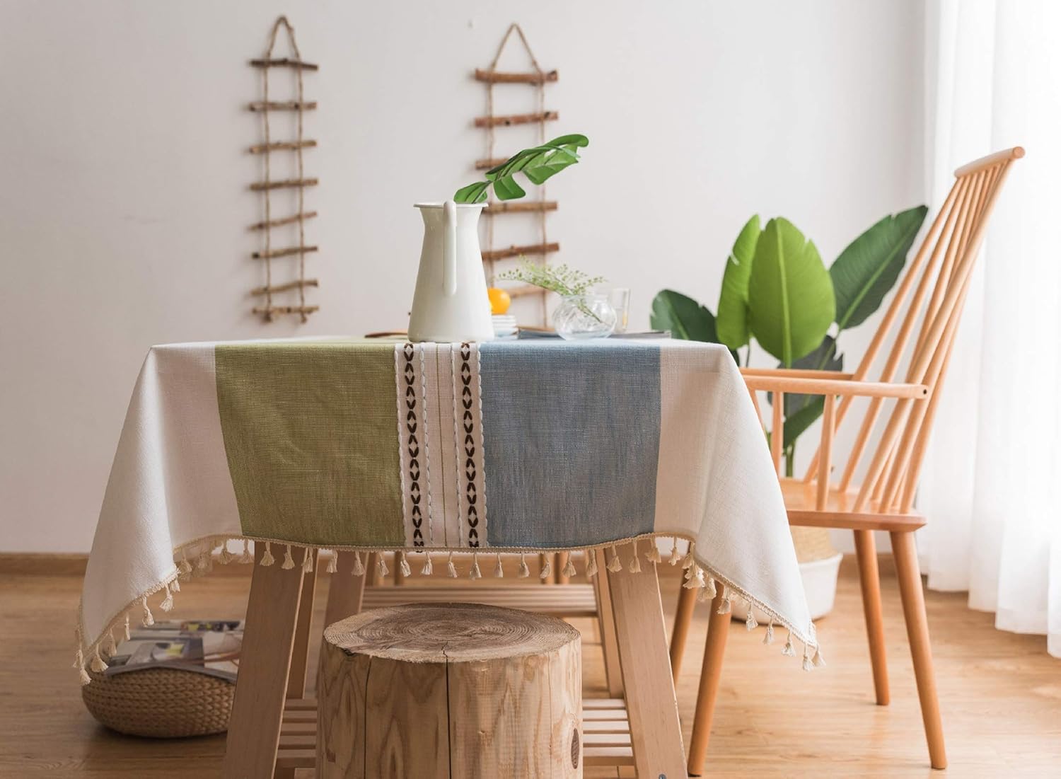 Holiday Table Clothes Rectangular 64x55 inch Tablecloth Kitchen Table Embroidered Straight Line Lace Winter Tablecloth Cotton Blue Green