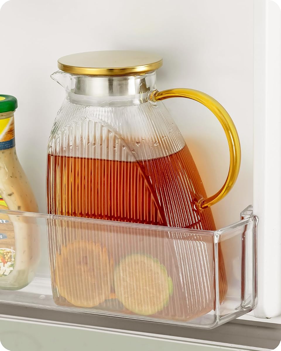 Baffect Water Pitcher Glass Jug With Lid and Spout(Vertical Pattern) | 63oz High Borosilicate Glass Pitcher With Gold Handle, Fridge Door Carafe For Hot Cold Drink, Mlik, Juice, Ice Tea, Lemonade