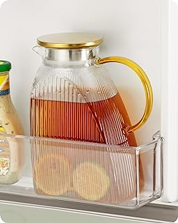 Water Pitcher, High Borosilicate Glass Jug with Stainless Steel Lid, Leakproof Fridge Door Carafe for Hot or Cold Beverage Vertical Pattern (1.8 L/63 oz.)
