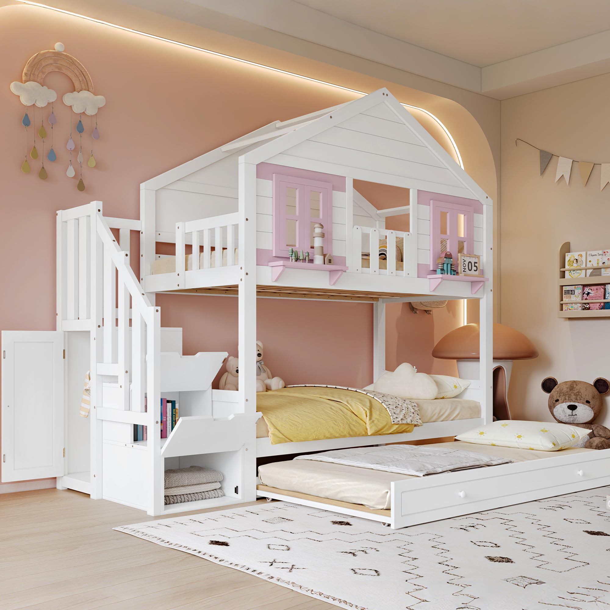 Letto a castello 90 x 200 cm, letto in legno con finestra e tetto, letto per ragazzi con letto pieghevole (senza materasso) bianco+rosa