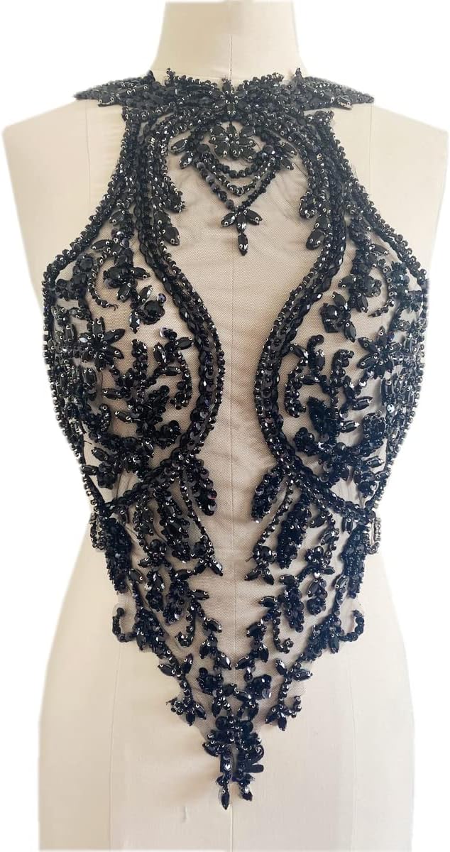 Handmade Rhinestones lace Applique handsewing Beads Trim Patches Dress Front Accessories (Black)