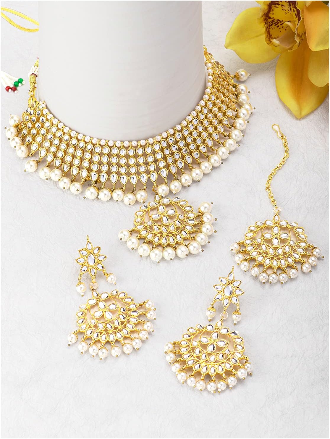 Aheli Faux Kundan Necklace Earrings Maang Tikka Set Indian Ethnic Wedding Fashion Jewelry Set Gift for Women