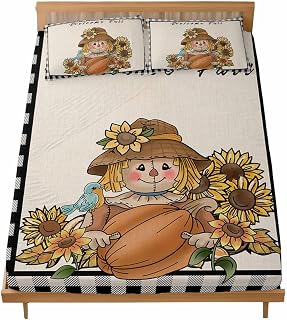 Queen Bed Fitted Sheets Farm Fall Straw Man Sunflowers Bed Set with 16" Deep Pocket,Soft Microfiber Bedding Bottom Sheet with 2 Decorative Pillowcases Retro Linen Gingham Check