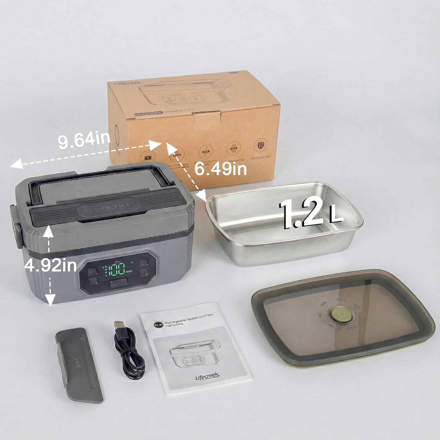 Cordless Electric Lunch Box for Adults, 1.2L Stainless Steel Container, 21000mAh Rechargeable Heated Lunch Box Food Warmer with Timer & Adjustable Heating for Office Car Outdoor