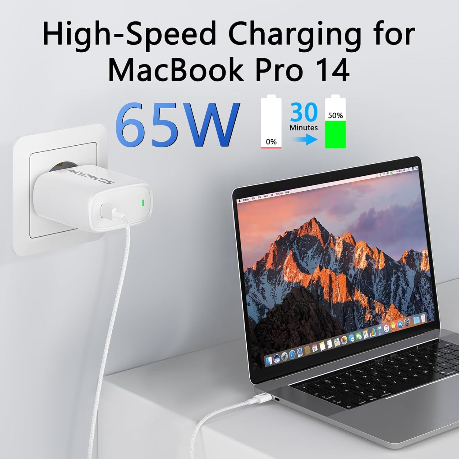 NEWlNCON Caricatore Veloce USB C 65W GaN+, PPS Ricarica Veloce con Cavo Intrecciato 1.8M per MacBook Pro/Air, iPhone 16/15/Pro, iPad Pro/Air, Samsung S24/23Ultra, Pixel 8/7 e altro ancora