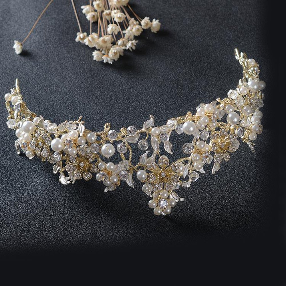 FXmimior Vintage Gold Flower Bead Bridal Wedding Crown Headband Women Crystal FXmimior Vintage Gold Flower Leaf Bead Bridal Wedding Crown  main image 4