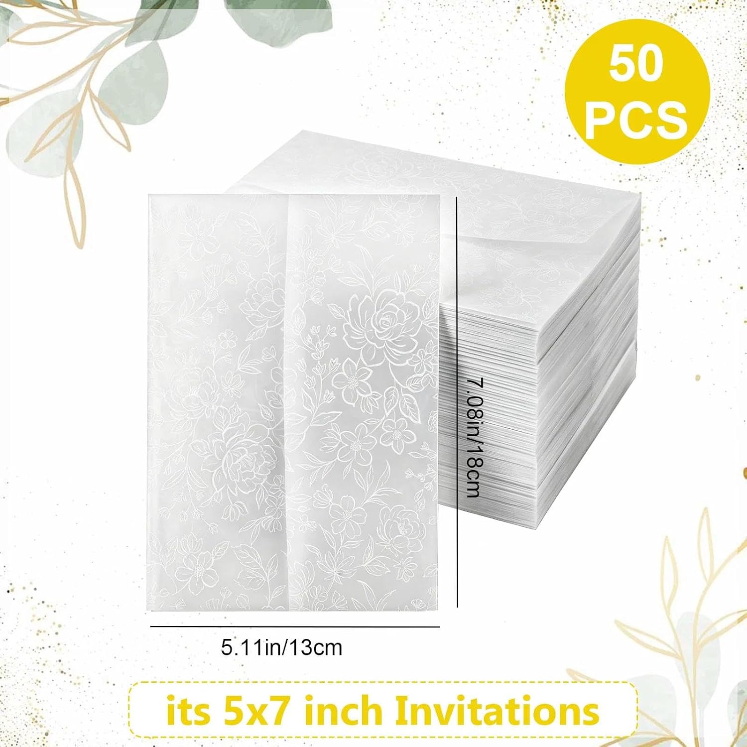 50 Pack Pre-Folded Vellum Jackets for 5x7 Invitations – 130GSM Translucent Vellum Paper Wraps, Perfect for Wedding, Baby Shower, Birthday Invitation Accessories & DIY Craft