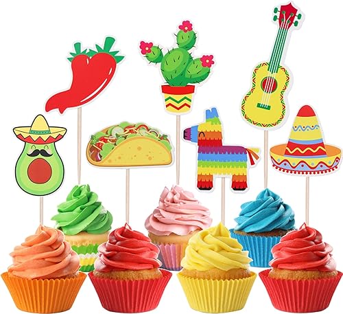 Miniatura 1 de Decoración para cupcakes, 35 unidades, temática mexicana, decoración para cactus mexicano, burro, taco, pimienta, sombrero, guitarra, pastel,