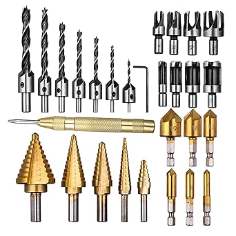 Rocaris 28 Pack Woodworking Chamfer Drilling Tools, Including Countersink Drill Bits, L-Wrench, Wood Plug Cutter, Step Drill Bit, Center Punch