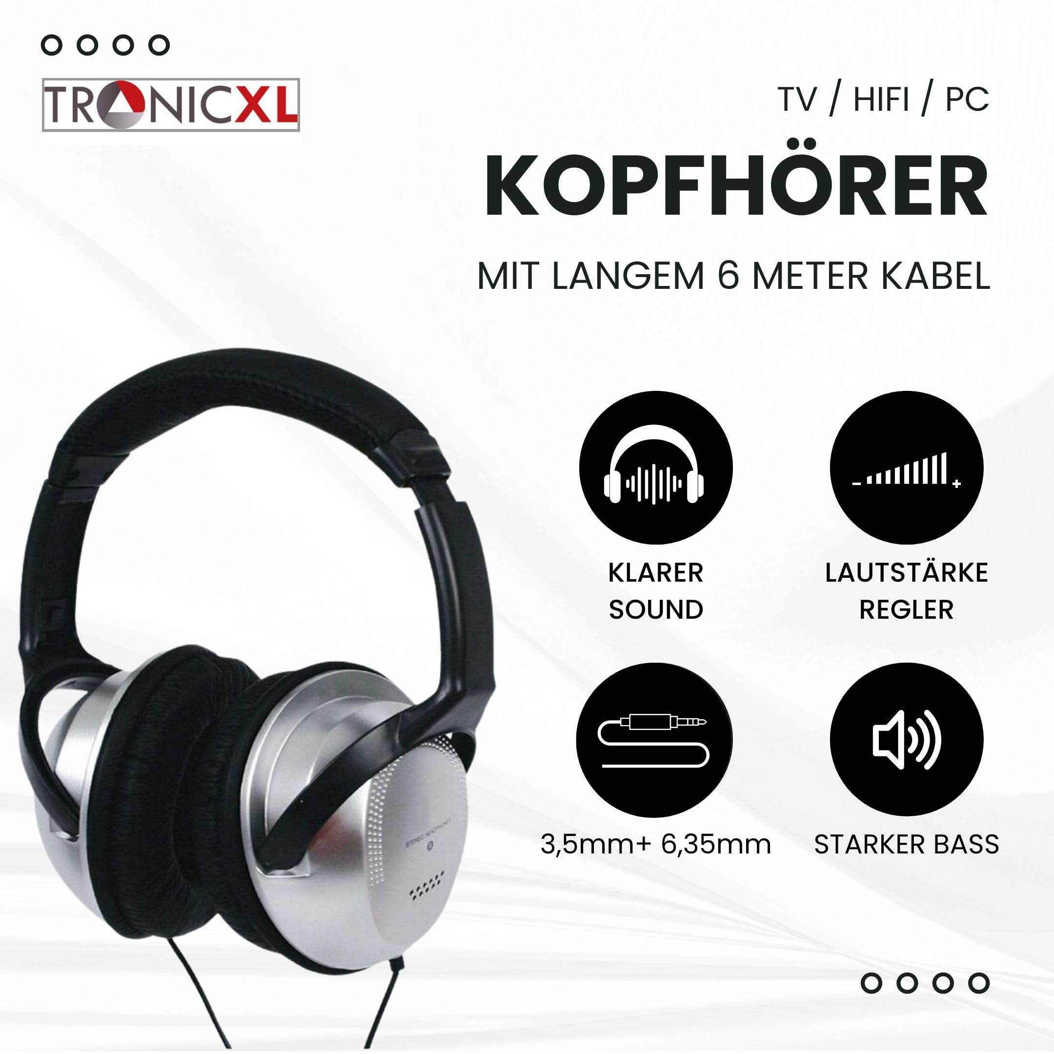 TronicXL Fernsehkopfhörer Stereo 6m Kabel kompatibel Sony LG Panasonic Grundig Samsung