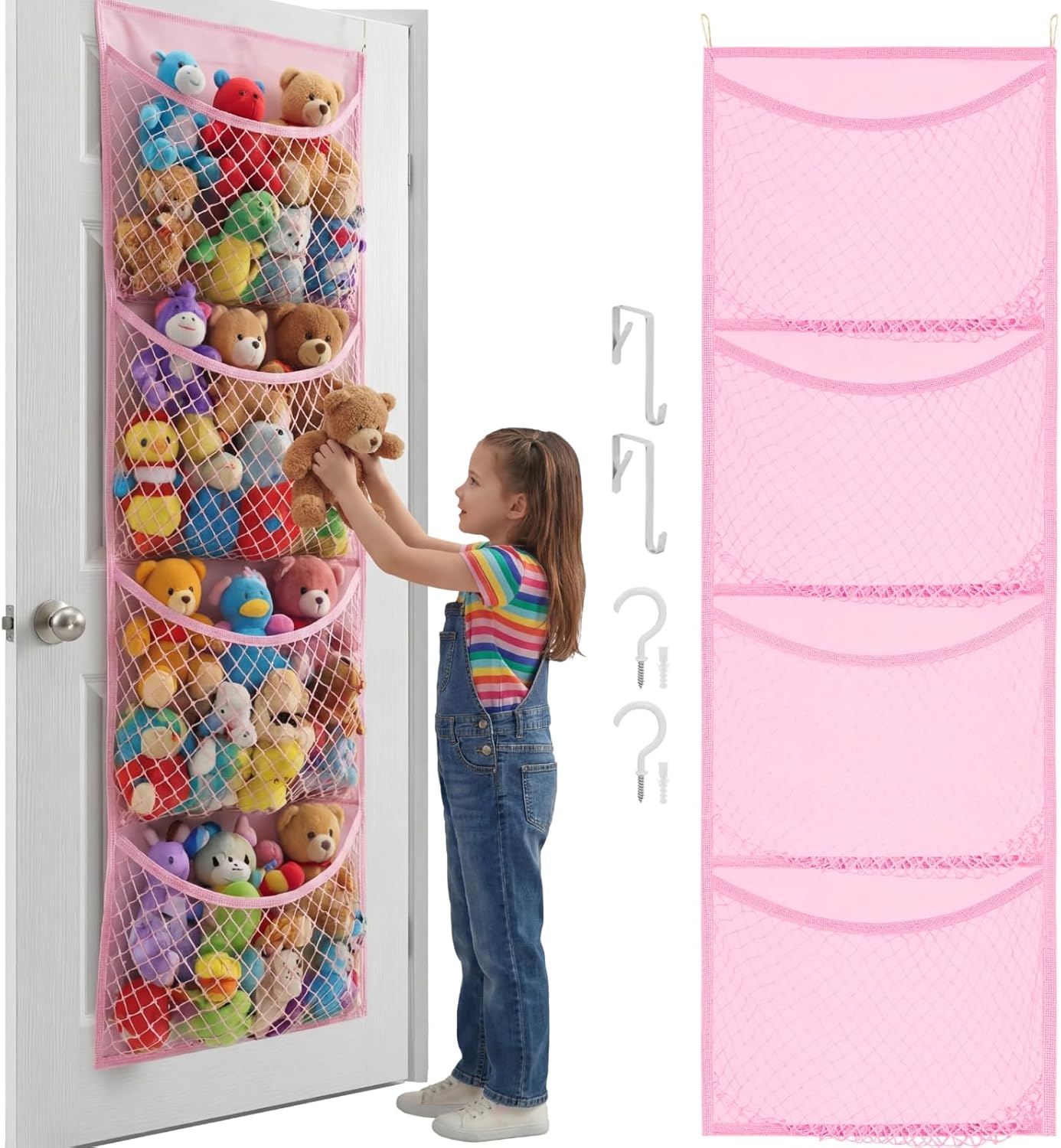 Over The Door Stuffed Animal Storage, Cotton Toy Organizer for Storage Plush Toys,Baby Supplies, Stuffed Animal Holder with 4 Large Pockets, Hanging Door Organizer for Nursery, Bedroom (Pink)