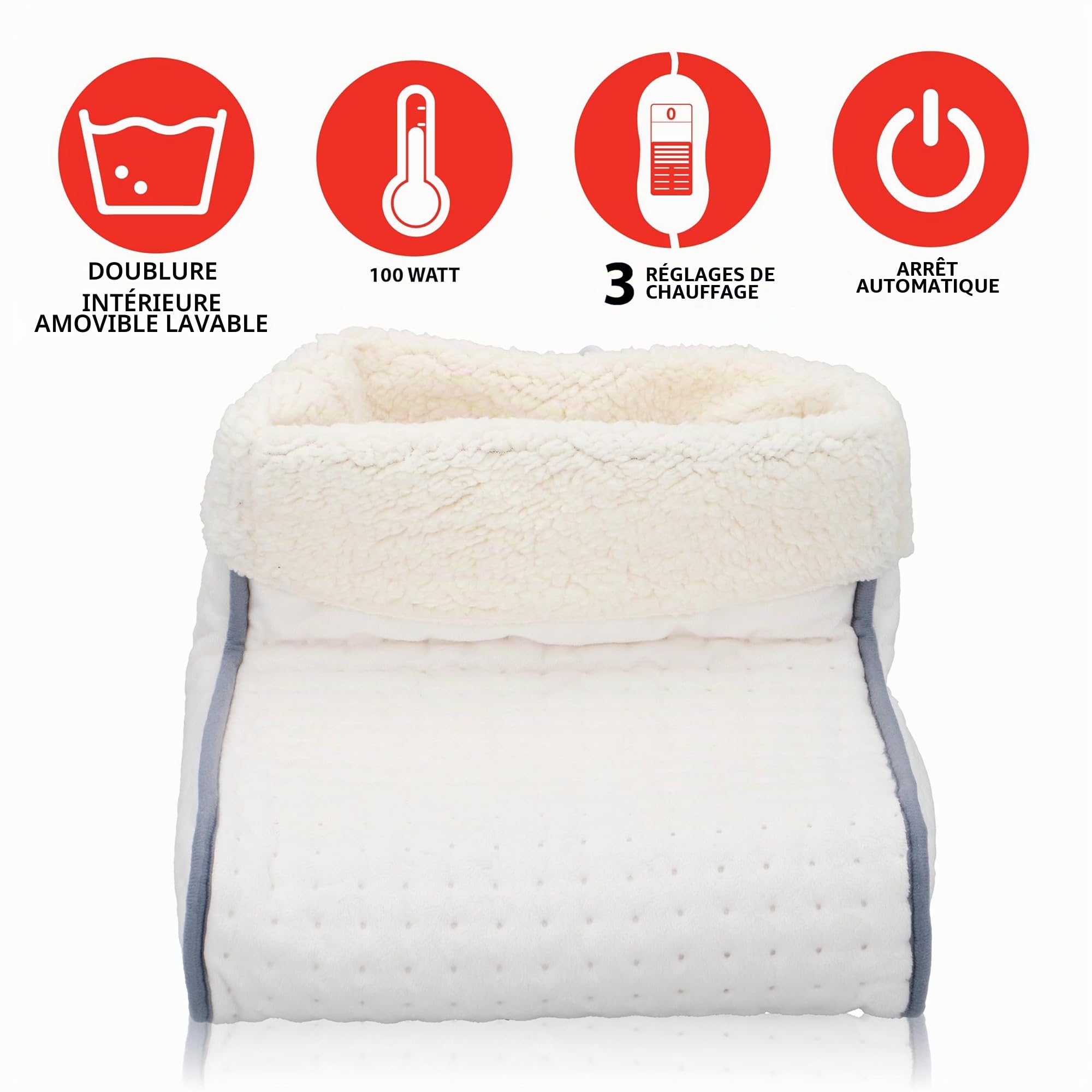 Alpina Chauffe-Pieds Électrique avec Télécommande – Chausson Chauffant 3 Niveaux – Arrêt Automatique 90 Min – Housse Lavable – Pantoufle Chauffante – Blanc, 30x30x23