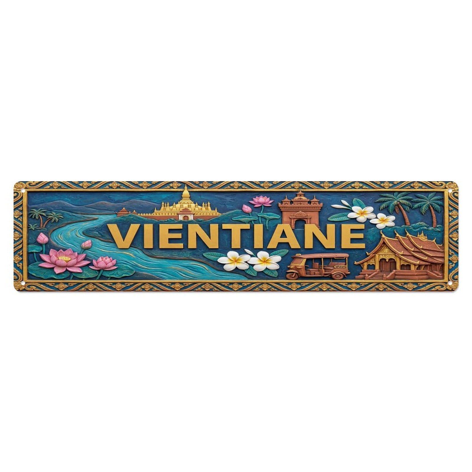 Cwbufd Vintage Style Vintage Vientiane Laos Flag Pattern Vintage Metal Tin Sign Plaque Wall Decor For Cafe, Club Bar, Office, Garden Metal Poster 4X16inch
