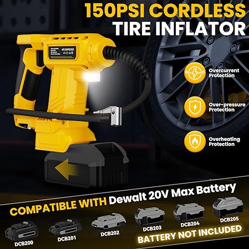 Miniatura 3 de Inflador de neumáticos inalámbrico Compresor de aire para batería Dewalt de 20 V máximo, bomba de aire portátil de mano de luz LED de 150 PSI con