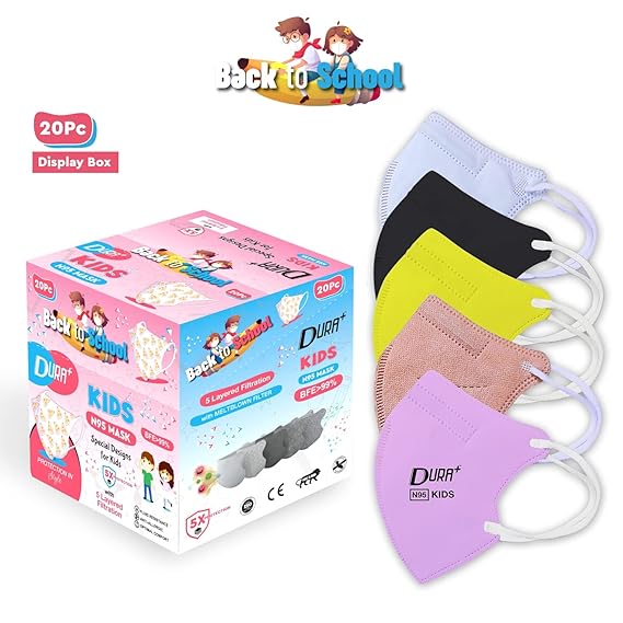 Duraplus Kids Non woven Ear Loop Style Protective 5 layered filtration with genuine Melt Blown and Hot Air Cotton Layers N95 Face Mask (Multi Design Small, Pack of 20)