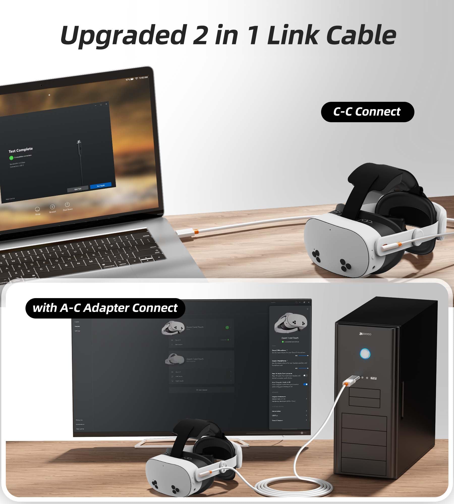 TRANSNOVO Link Kabel kompatibel mit Meta/Oculus Quest 3/2 Zubehör und PC/Steam VR, 5m/16FT aufgerüstetes Typ-C Kabel mit USB 3.0 Adapter, Hochgeschwindigkeits Datentransfer kabel Schwarz