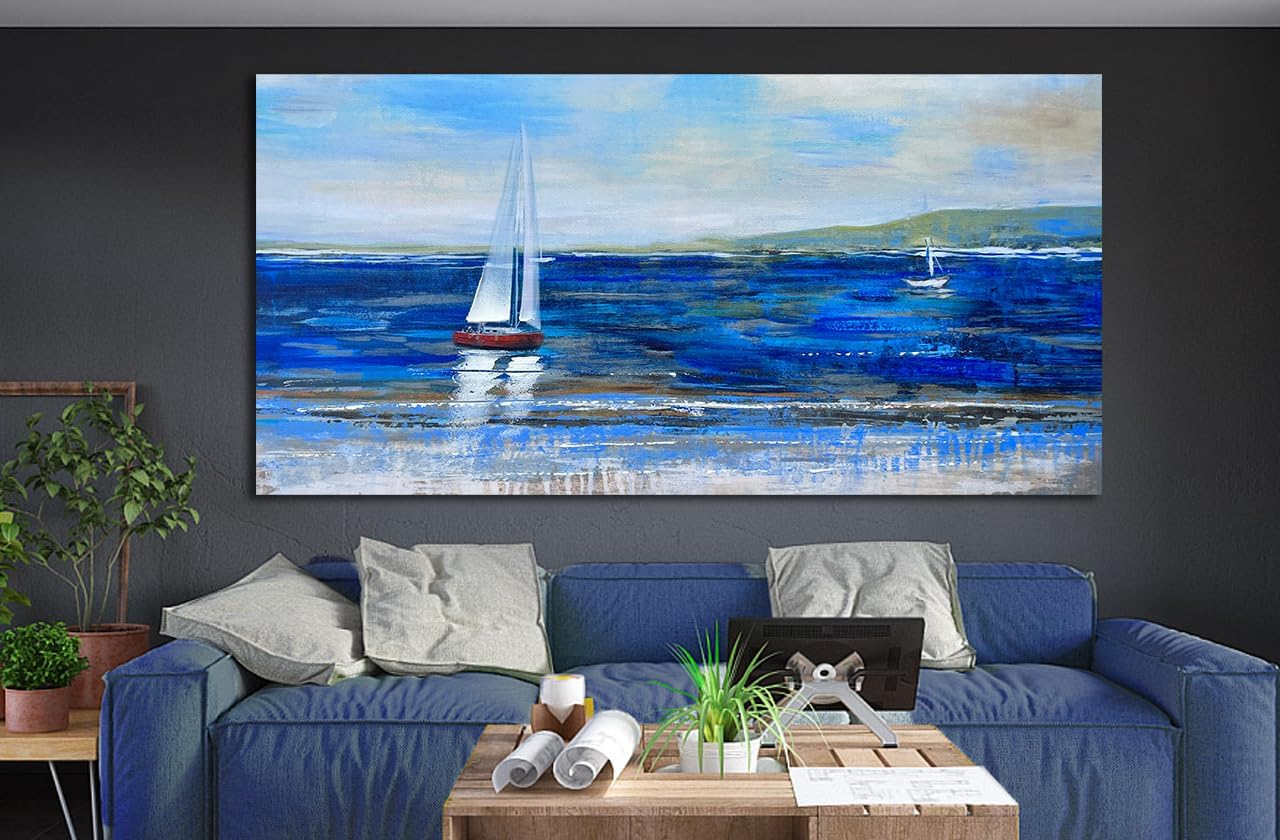 Ardemy Blue Trees Wall Art Canvas Forest Landscape Picture Modern Birch Trees Nature Panoramic Painting Teal Artwork Extra Large Framed 58x29 for Living Room Bedroom Home Office Fireplace Wall Decor