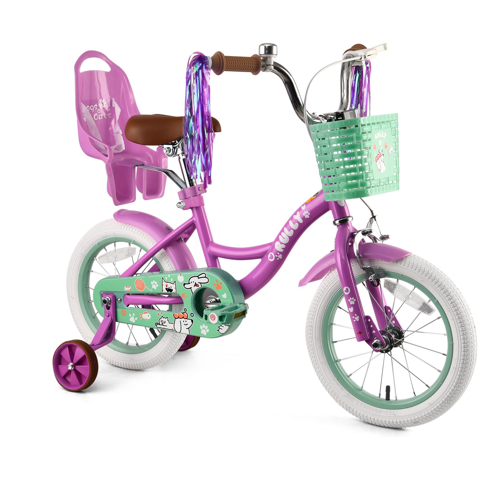 RULLY Bicicleta Infantil 12-16 Pulgadas con Ruedines, Cesta y Asiento para Muñeca Multicolor 2-6 años