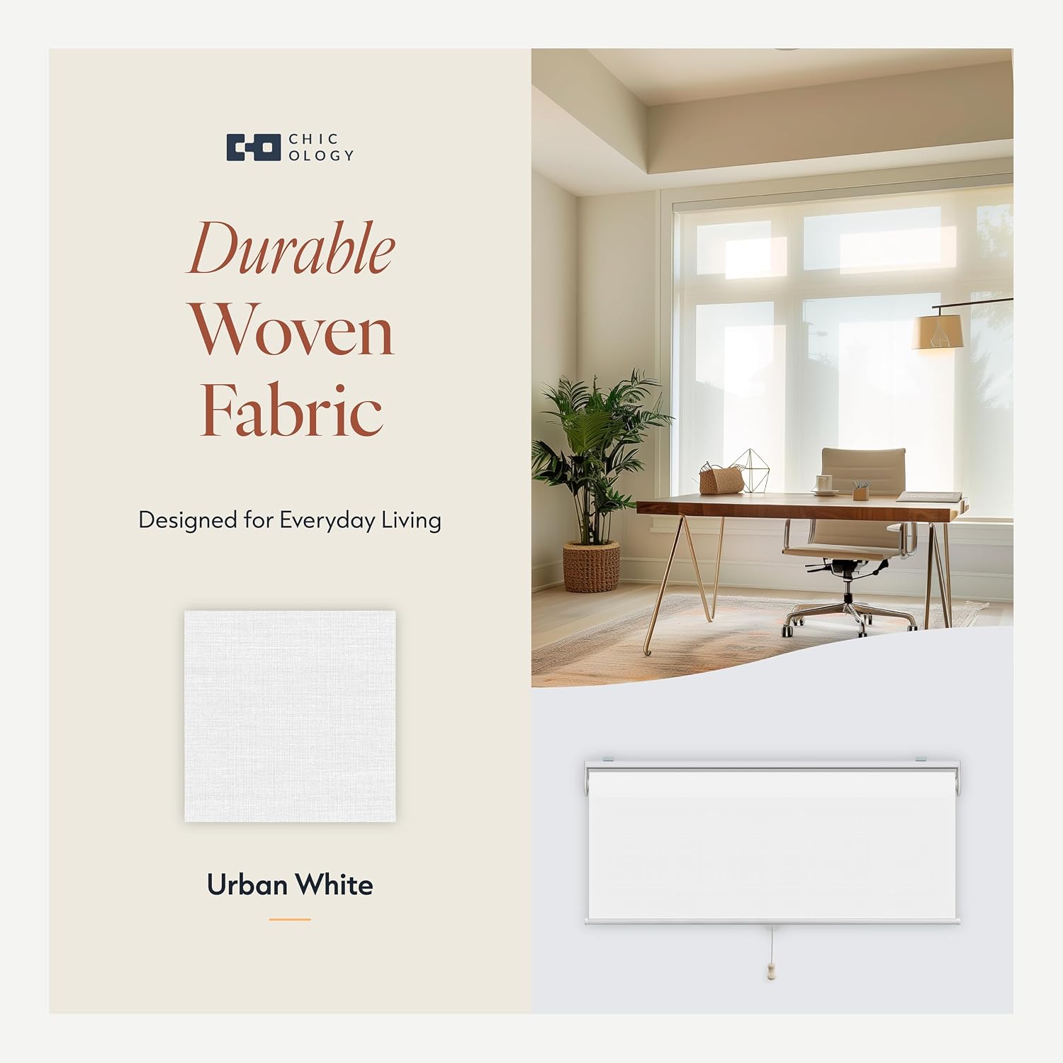 CHICOLOGY Cordless Roller Shades for Windows, Pull Down Window Blinds, Easy Install with Hardware, UV Protection, Privacy & Light Control, Modern Window Treatment for Home, Urban White, 35" W x 72" H