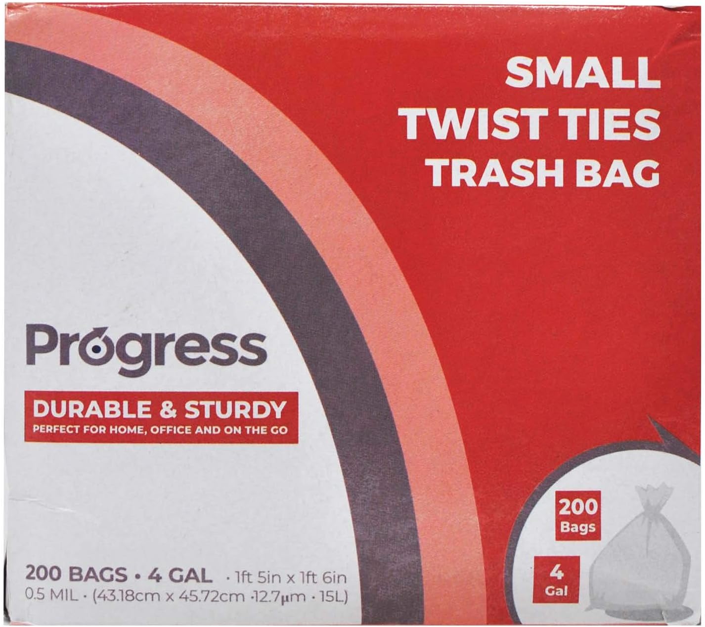 Progress Trash Bags – 4 Gallon, Twist Tie, Portable Trash Can Liners for Kitchen, Bedroom, Bathroom, Office, Car | Waste Disposal Supplies (200 Count)