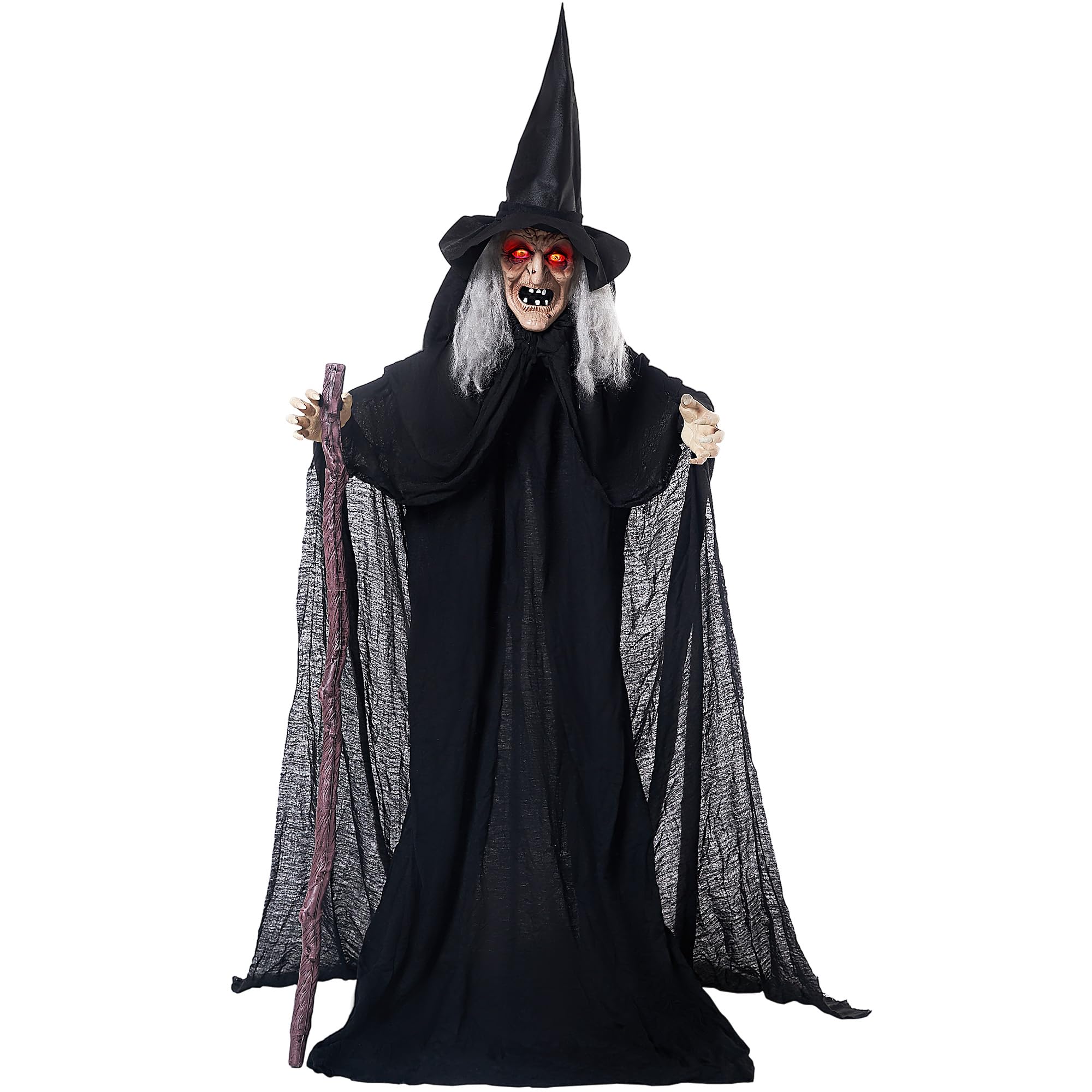 JOYIN 1,8 m Halloween Animatronics Strega con canna, decorazioni di Halloween a grandezza naturale con suono raccapricciante e occhi luminosi, attivazione del suono animata casa infestata puntello