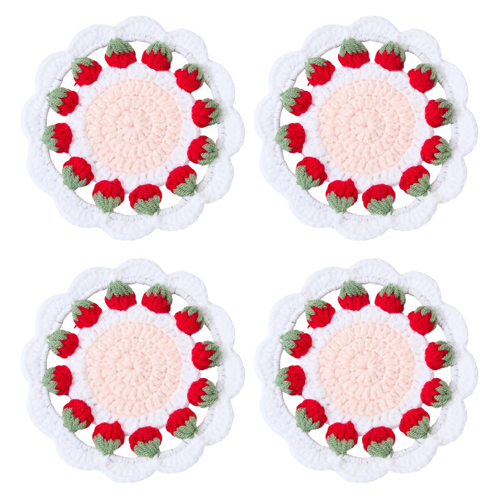 HUAAPLEVLA Crochet Coasters for Drinks Coffee, Strawberry Fruit, 4 Pcs