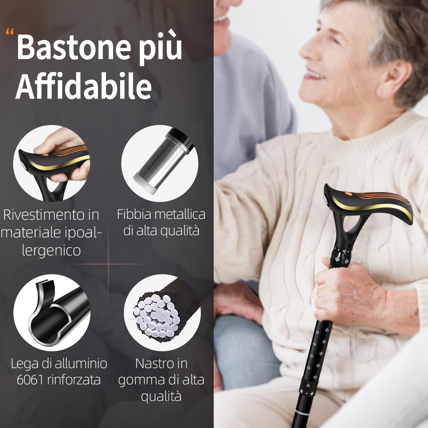 Bastone da passeggio pieghevole multifunzionale con luce, bastoni da passeggio alla moda per donne e uomini Bastoni da passeggio regolabili per anziani Ricarica diretta USB Leggero e