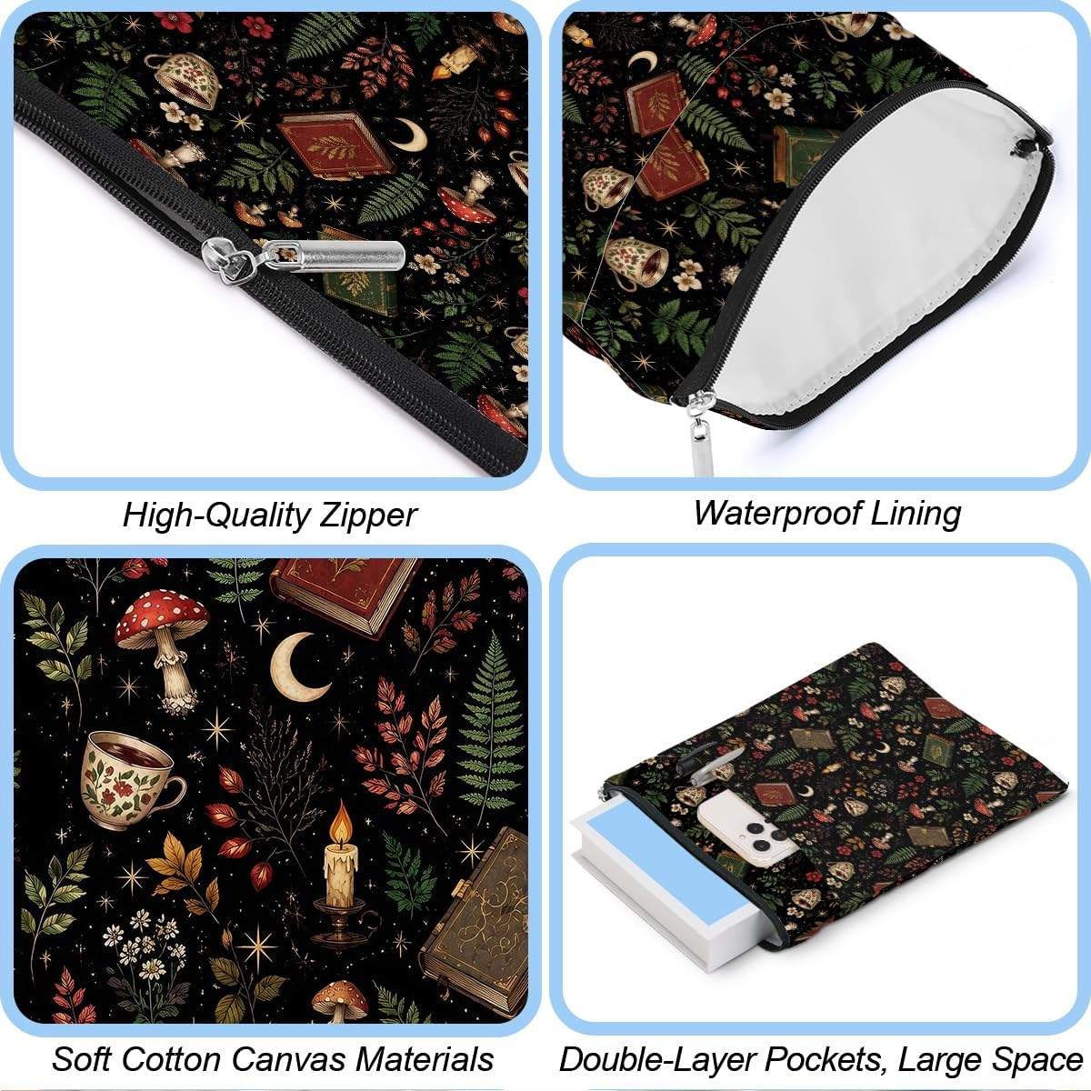 Dark Floral Book Sleeve, Goth Mushroom Book Pouch Protector Zipper Cover