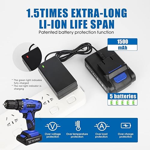 Miniatura 4 de Jar-Owl taladro inalámbrico de 21 V, par de 350 pulgadas/libra, velocidad variable de 0-1350 RPM, portabrocas sin llave de 10 mm y 3/8 pulg,