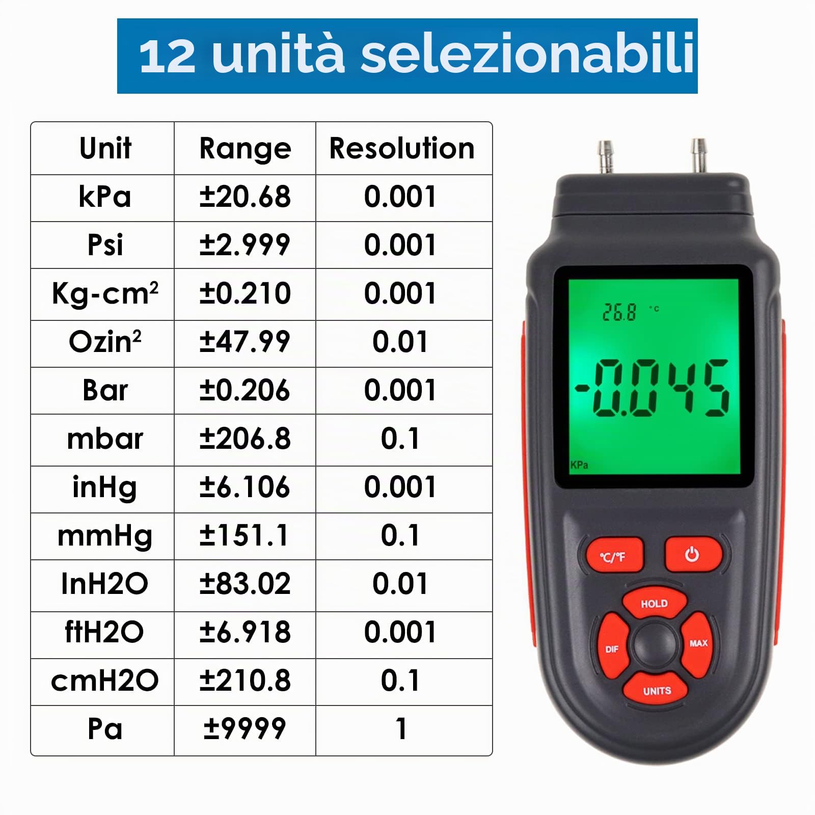 Manometro Multiplo Della Pressione Dell’Aria Hvac ± 2.000 Psi Con Registrazione Dei Dati E Retroilluminazione (12 unità)