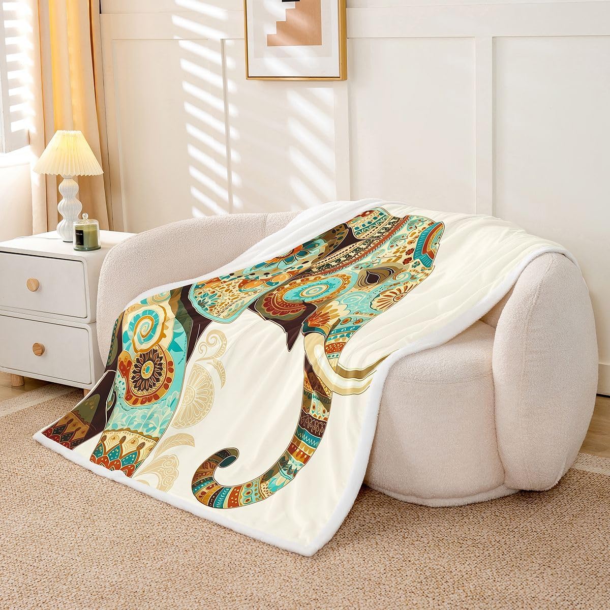 Castle Fairy Boho Mandala Elephant Sherpa Throw Blanket Ethnic Floral Bed Sofa Couch Partner Indian Tribal Living Room Decor Lightweight Fleece Blanket Lightweight Plush Blankets 40"x50" Cream Brown image 5