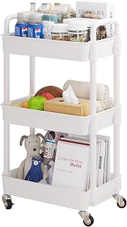 UDEAR 3-Tier Rolling Utility Cart with 12 Category Labels,Multifunctional Storage Shelves with Handle and Lockable Wheels for Room,Office,Kitchen,Bathroom,White
