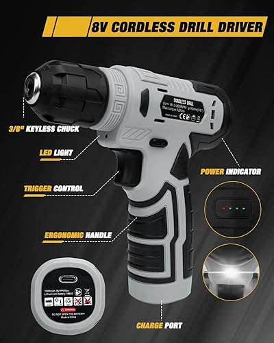 Miniatura 4 de Juego de herramientas de 139 piezas  Kit de herramientas con taladro inalámbrico de 8 V en caja de herramientas, juego de taladros domésticos