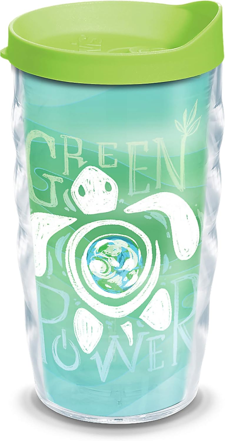 Tervis Turtle Insulated Tumbler with Wrap and Lime Green Lid, 10oz Wavy, Clear