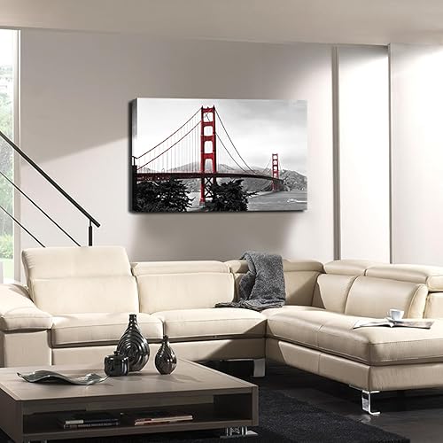 Miniatura 3 de LevvArts Lienzo decorativo para pared con puente Golden Gate, pintura moderna en blanco y negro y rojo para pared, 24 x 36 pulgadas