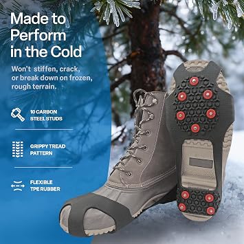 Ice Gripster Treads Nonslip Traction Cleats for Snow and Ice, Anti-Slip Overshoe Crampons with Flexible TPE Rubber, 10 Carbon Steel Studs for Secure Grip, Large, Black and Red