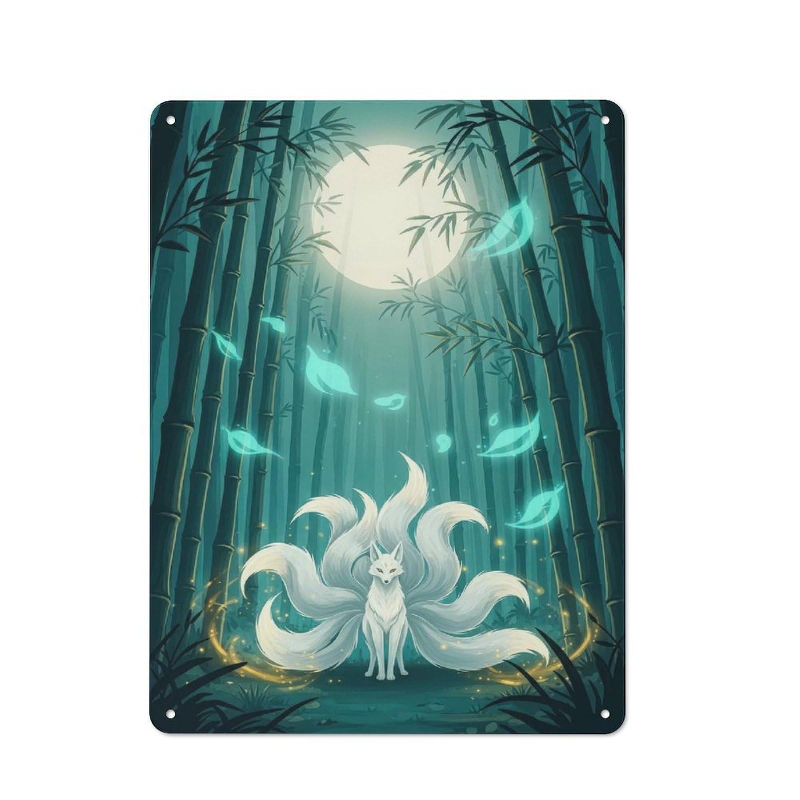 Junmoney Style-2 40X30cm Retro Tin Sign With Nine-Tailed Fox In Bamboo Forest For Lounge Or Reading Corner, A Decorative Metal Sign For Lounges And Reading Corners