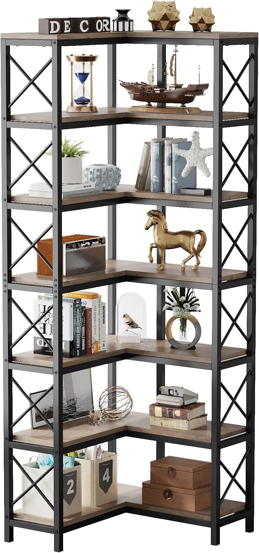 Tribesigns L Shaped Rack, Open Shelf, Corner Bookcase, 7 Tiers, Corner Rack, Wood Shelf, Wooden Open Rack, Gray, Living Room Storage Rack, Display Rack, W23.6 x D23.6 x H78.7 inches (W60 x D60 x H200 cm)