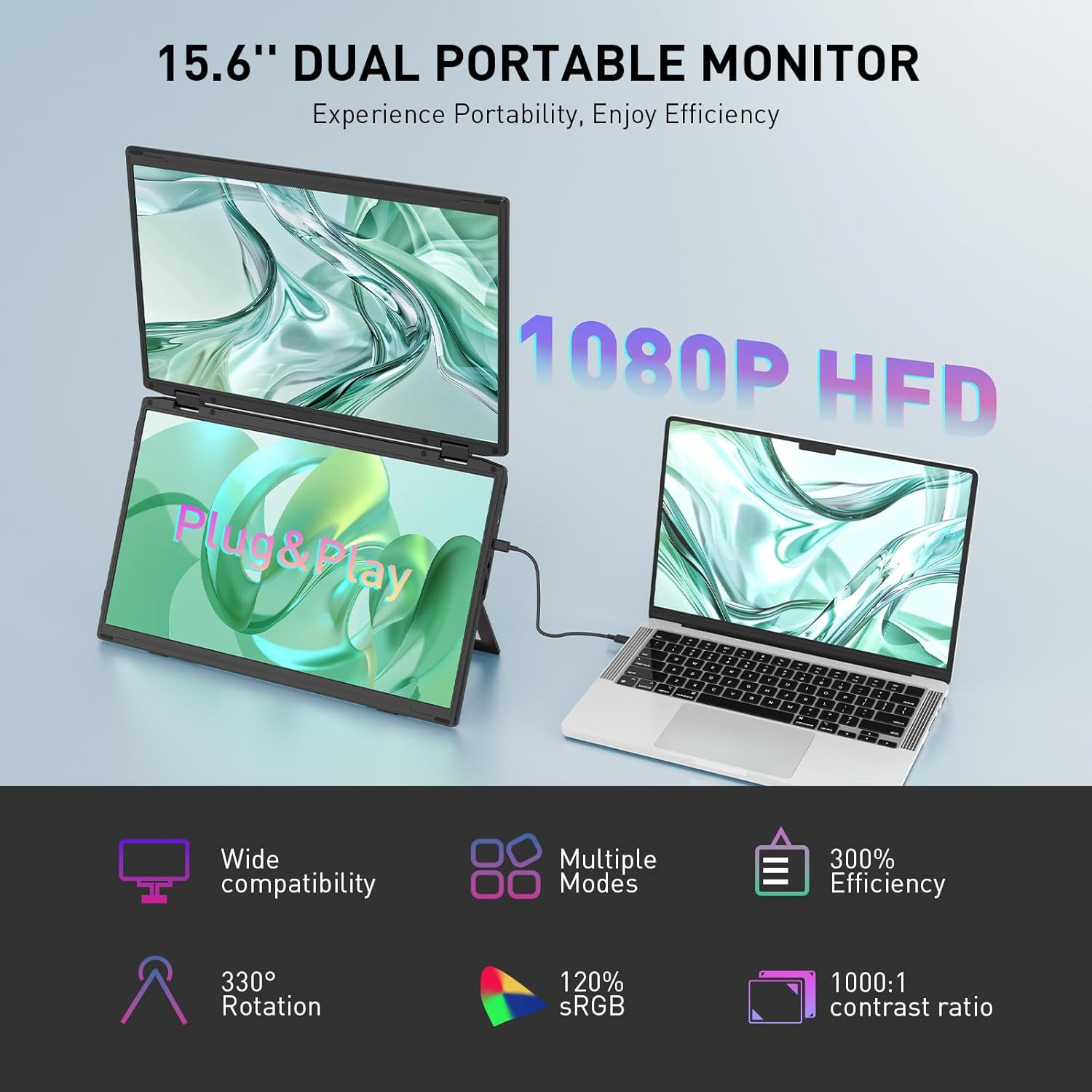 Maxfree Dual Portable Monitor M4 connected to a laptop, highlighting features like Plug & Play, wide compatibility, multiple modes, and 330-degree rotation.
