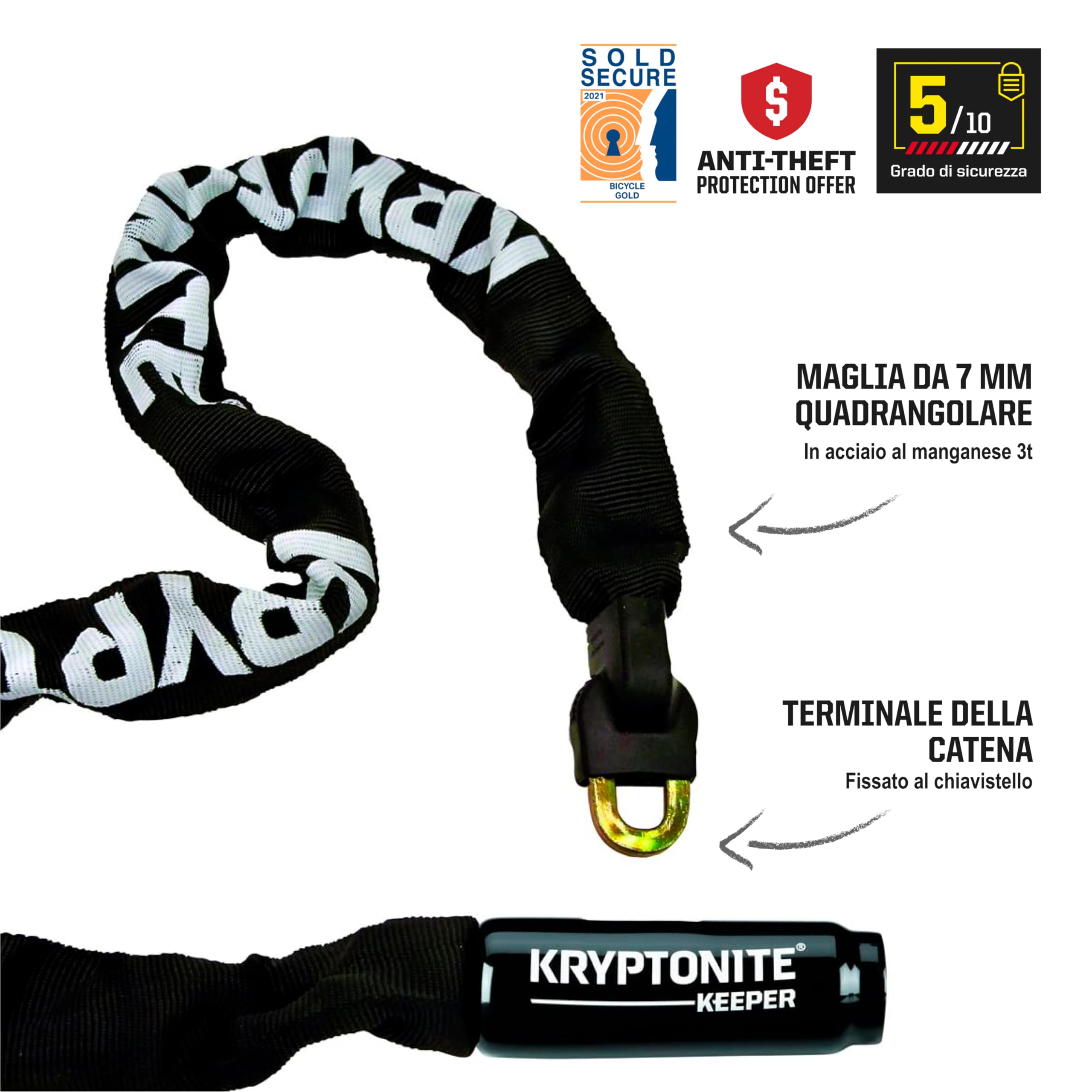 Kryptonite Catena integrata Keeper 785 | Catena antifurto per bici | Livello di sicurezza 5/10 | Offre una sicurezza supplementare per la tua bicicletta | Lunghezza 85 cm | Colore Nero