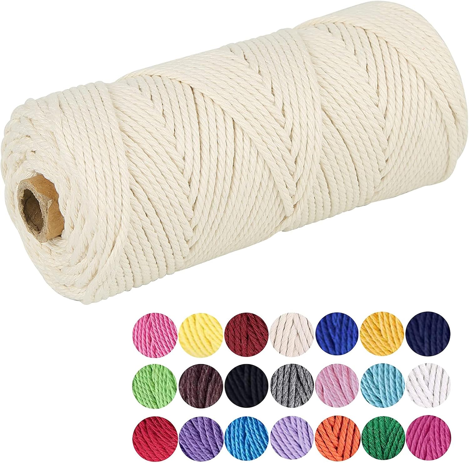 Macrame Cotton Cord, 2/3/4/5/6mm Natural Cotton Cord Perfect Macrame Supplies for Macrame Plant Hangers DIY Crafts (Natural White, 3mm*109Yards)